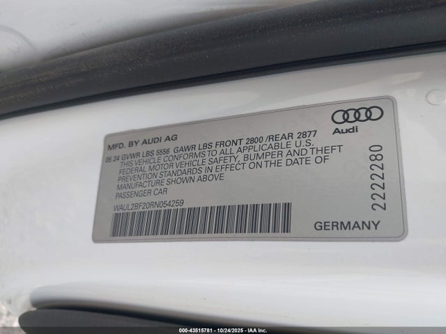 Aukcja sprzedaży 2024 Audi A6 Premium Plus 55 Tfsi Quattro S Tronic, vin: WAUL2BF20RN054259, numer aukcji: 43515781