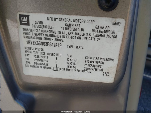 2003 CADILLAC ESCALADE 1GYEK63N03R312419 Photo 8