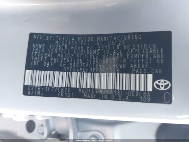 2023 Toyota Corolla Le მანქანა იყიდება აუქციონზე, vin: 5YFB4MDE1PP045538, აუქციონის ნომერი: 43516062