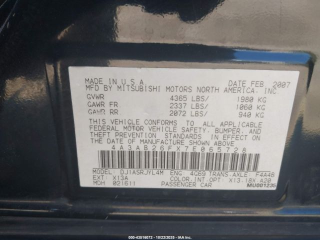 2007 MITSUBISHI GALANT 4A3AB26FX7E065728 Photo 8