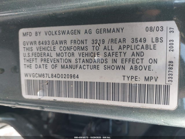 Aukcja sprzedaży 2004 Volkswagen Touareg V8, vin: WVGCM67L84D020964, numer aukcji: 43516173