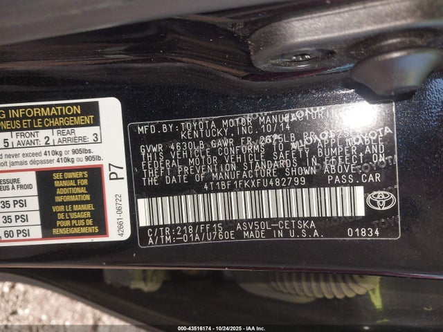Aukcja sprzedaży 2015 Toyota Camry Se, vin: 4T1BF1FKXFU482799, numer aukcji: 43516174