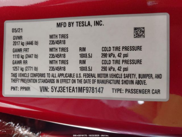 2021 TESLA MODEL 3 5YJ3E1EA1MF978147 Photo 8