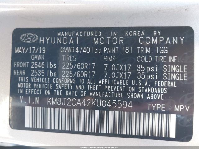 2019 HYUNDAI TUCSON KM8J2CA42KU045594 Photo 8