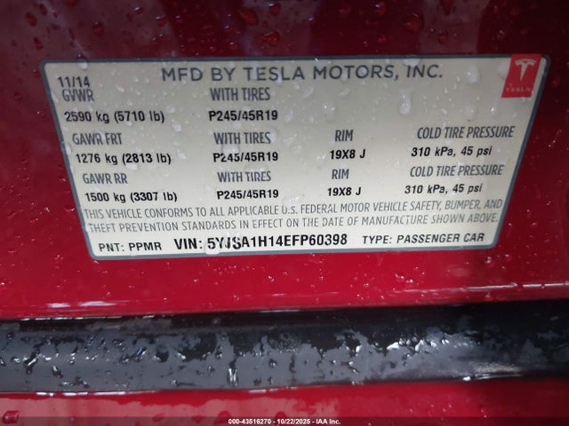2014 TESLA MODEL S 5YJSA1H14EFP60398 Photo 8
