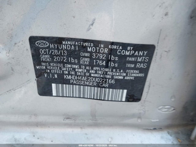 43516290 :رقم المزاد ، KMHDH4AE2DU022166 vin ، 2013 Hyundai Elantra Gls مزاد بيع
