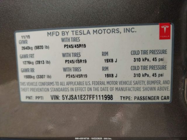2015 TESLA MODEL S 5YJSA1E27FF111998 Photo 8