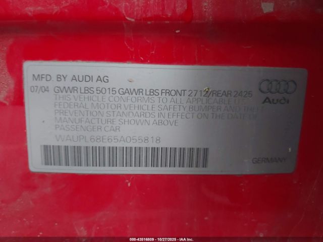 2005 AUDI S4 WAUPL68E65A055818 Photo 8