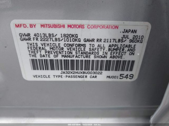 2011 MITSUBISHI LANCER SPORTBACK JA32X2HUXBU003022 Photo 8