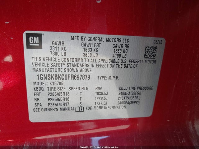 Chevrolet Tahoe Lt 2015 1GNSKBKC0FR697879 Image 9