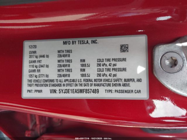 2021 TESLA MODEL 3 5YJ3E1EA5MF857489 Photo 8