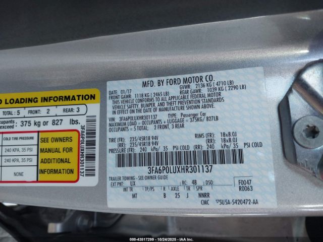 2017 FORD FUSION HYBRID 3FA6P0LUXHR301137 Photo 8