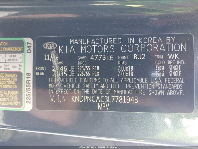 2020 Kia Sportage Ex მანქანა იყიდება აუქციონზე, vin: KNDPNCAC3L7781943, აუქციონის ნომერი: 43517315