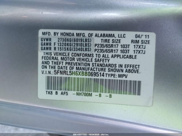 2011 HONDA ODYSSEY 5FNRL586XBB069514 Photo 8