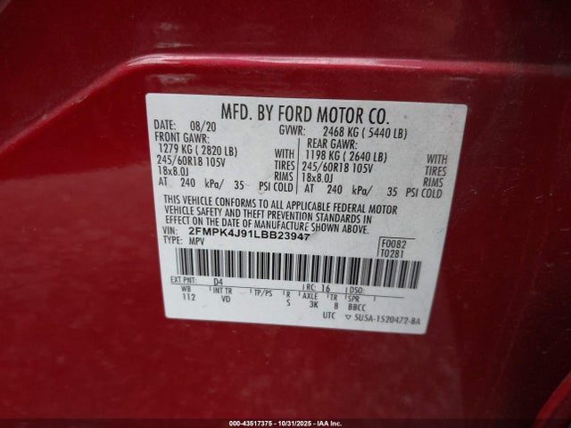 Ford EDGE SEL 2020 2FMPK4J91LBB23947 Image 9