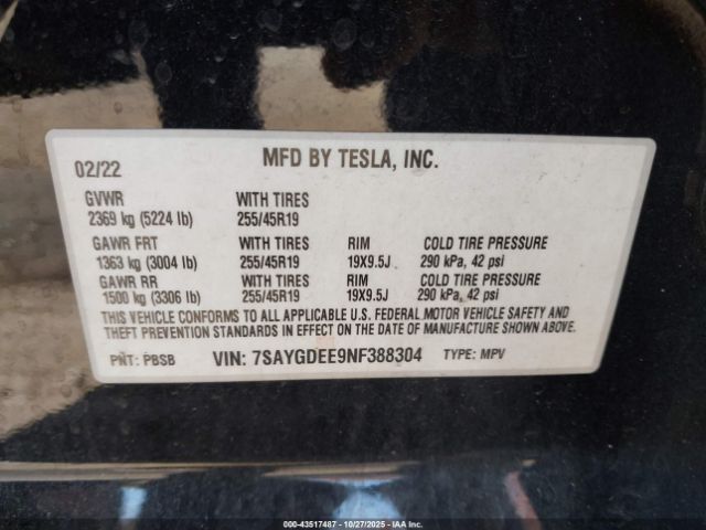 2022 TESLA MODEL Y 7SAYGDEE9NF388304 Photo 8