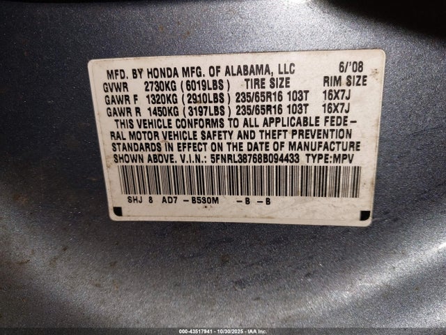Aukcja sprzedaży 2008 Honda Odyssey Ex-l, vin: 5FNRL38768B094433, numer aukcji: 43517941