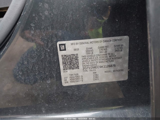 Aukcja sprzedaży 2019 Gmc Sierra 1500 Limited Sle, vin: 2GTV2MEC9K1126875, numer aukcji: 43517992