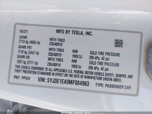 2021 TESLA MODEL 3 5YJ3E1EA9MF084963 Photo 8