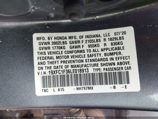 Продаж на аукціоні авто 2020 Honda Civic Ex, vin: 19XFC1F36LE018913, номер лоту: 43518102