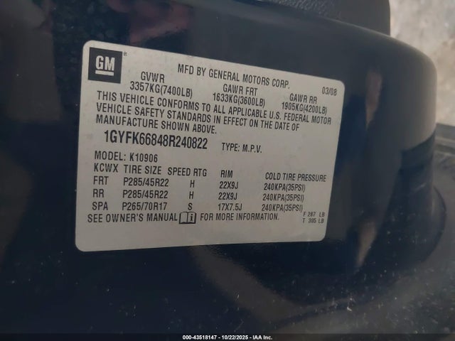 2008 CADILLAC ESCALADE ESV 1GYFK66848R240822 Photo 8