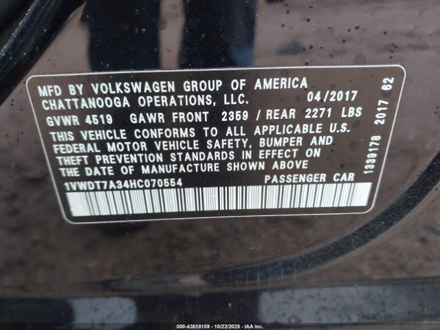 2017 VOLKSWAGEN PASSAT 1VWDT7A34HC070554 Photo 8