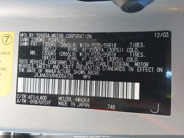 Aukcja sprzedaży 2004 Lexus Rx 330, vin: JTJHA31U940056735, numer aukcji: 43518473