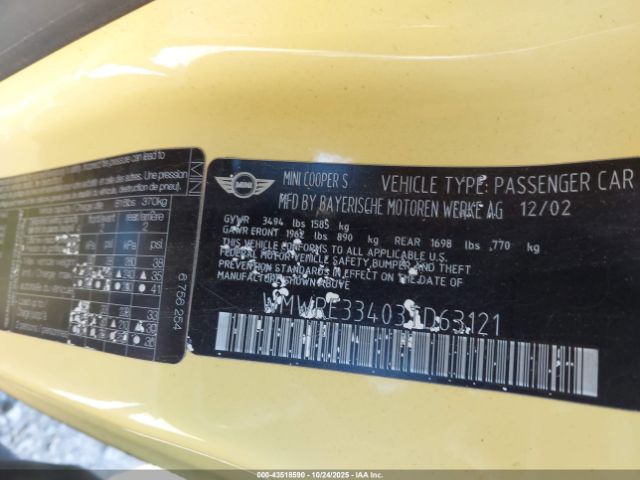 2003 MINI COOPER S WMWRE33403TD63121 Photo 8