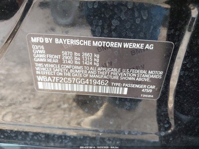 Aukcja sprzedaży 2016 Bmw 750i Xdrive, vin: WBA7F2C57GG419462, numer aukcji: 43518614