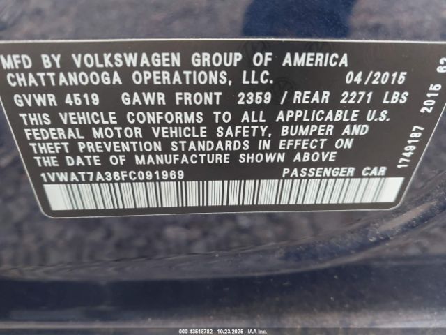 2015 VOLKSWAGEN PASSAT 1VWAT7A36FC091969 Photo 8