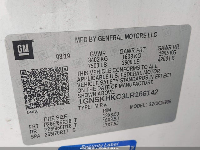 Auction sale of the 2020 Chevrolet Suburban 4wd Lt, vin: 1GNSKHKC3LR166142, lot number: 43518931