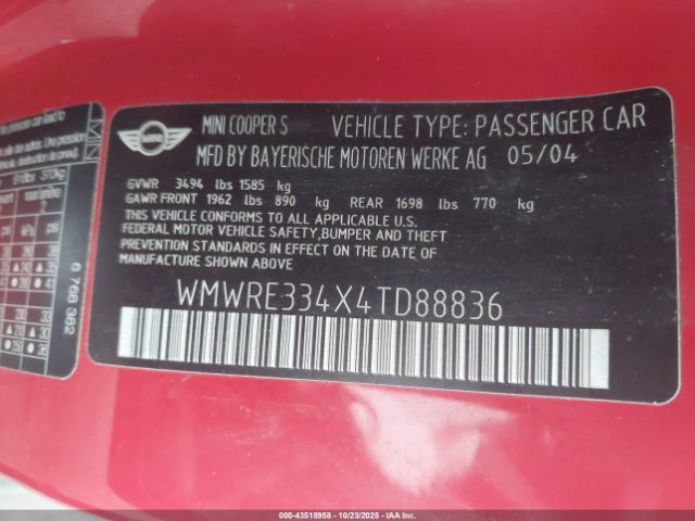 2004 MINI COOPER S WMWRE334X4TD88836 Photo 8