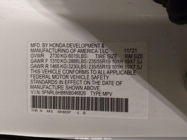 2022 HONDA ODYSSEY 5FNRL6H88NB046826 Photo 8