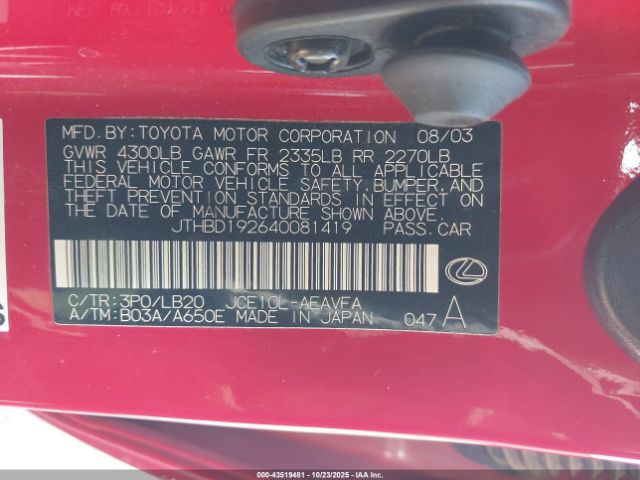 2004 LEXUS IS 300 JTHBD192640081419 Photo 8