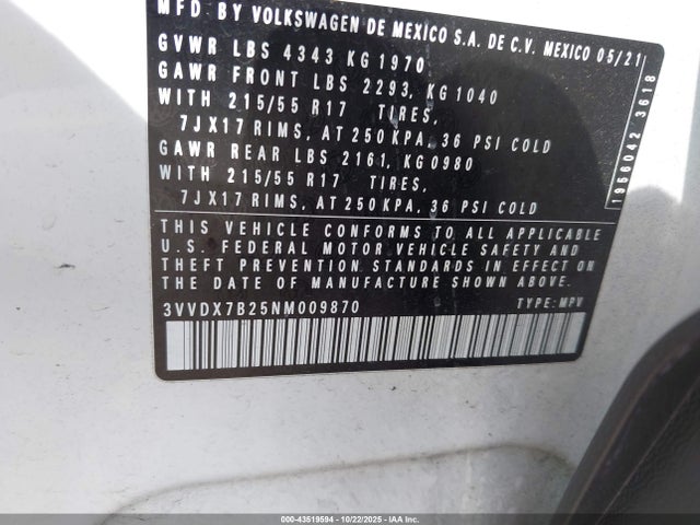 2022 Volkswagen Taos 1.5t S მანქანა იყიდება აუქციონზე, vin: 3VVDX7B25NM009870, აუქციონის ნომერი: 43519594