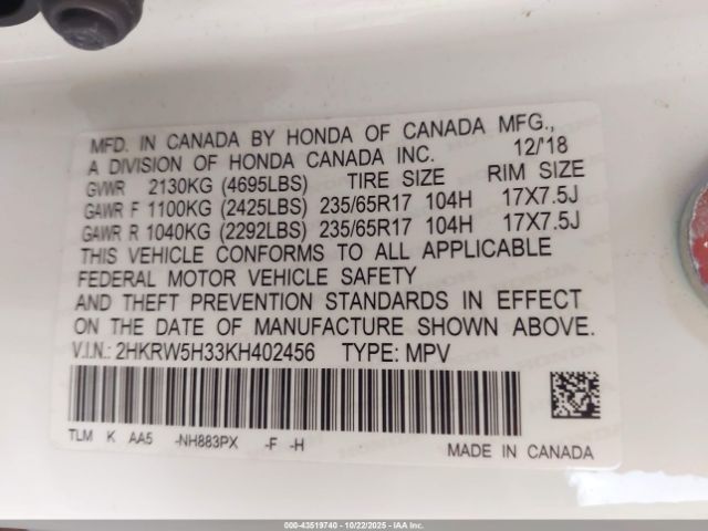 2019 HONDA CR-V 2HKRW5H33KH402456 Photo 8