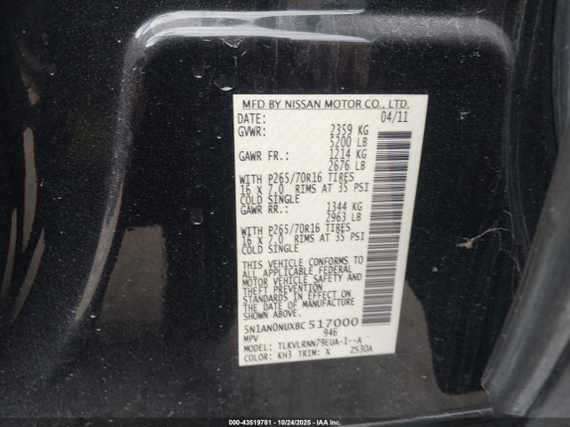 Aukcja sprzedaży 2011 Nissan Xterra S, vin: 5N1AN0NUXBC517000, numer aukcji: 43519781