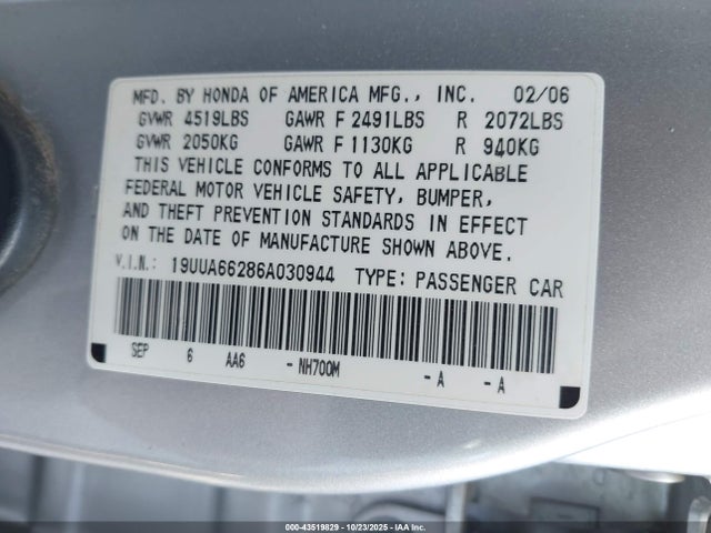 2006 Acura Tl მანქანა იყიდება აუქციონზე, vin: 19UUA66286A030944, აუქციონის ნომერი: 43519829