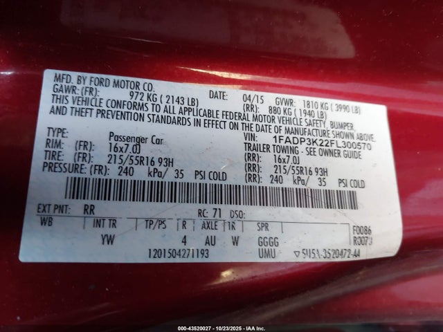 Ford FOCUS SE 2015 1FADP3K22FL300570 Image 9
