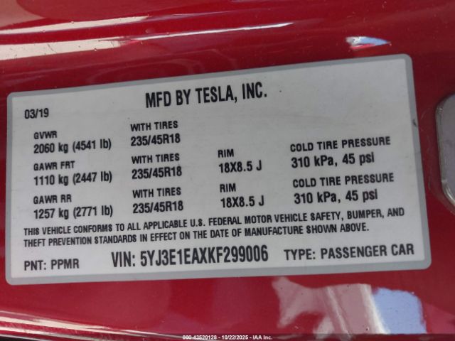 2019 TESLA MODEL 3 5YJ3E1EAXKF299006 Photo 8