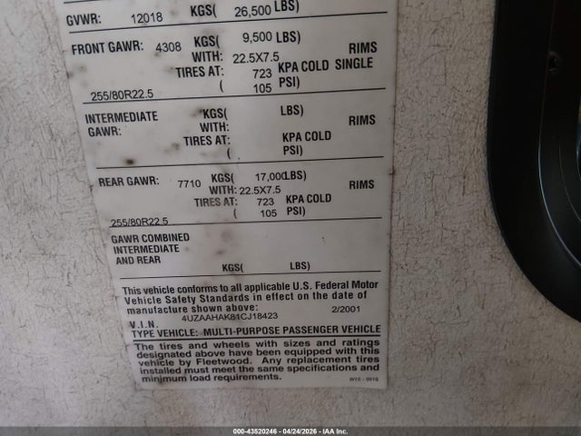 2001 Freightliner Chassis X Line Motor Home მანქანა იყიდება აუქციონზე, vin: 4UZAAHAK81CJ18423, აუქციონის ნომერი: 43520246