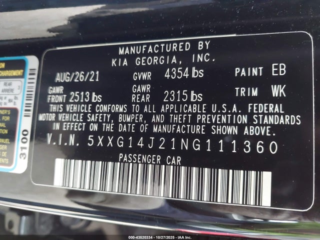 5XXG14J21NG111360 KIA K5 LXS