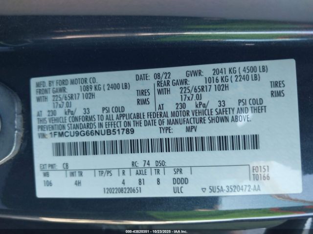 2022 FORD ESCAPE 1FMCU9G66NUB51789 Photo 8