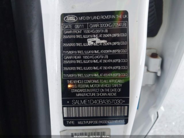 2011 LAND ROVER RANGE ROVER SALME1D40BA357030 Photo 8