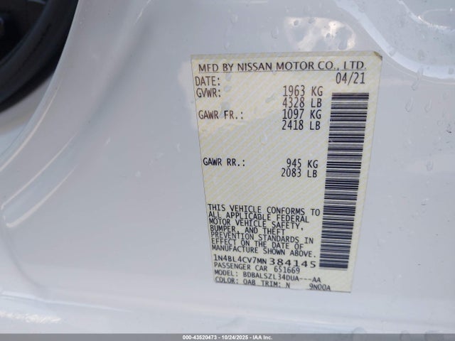 1N4BL4CV7MN384145 Nissan Altima Sr Fwd