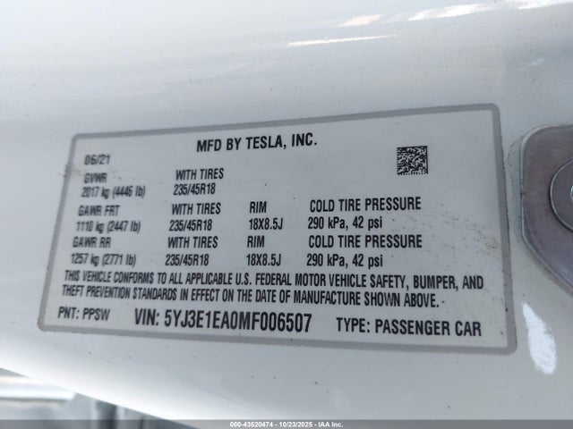 2021 TESLA MODEL 3 5YJ3E1EA0MF006507 Photo 8