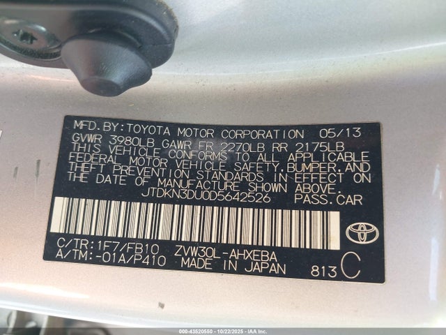 Auction sale of the 2013 Toyota Prius Two, vin: JTDKN3DU0D5642526, lot number: 43520550
