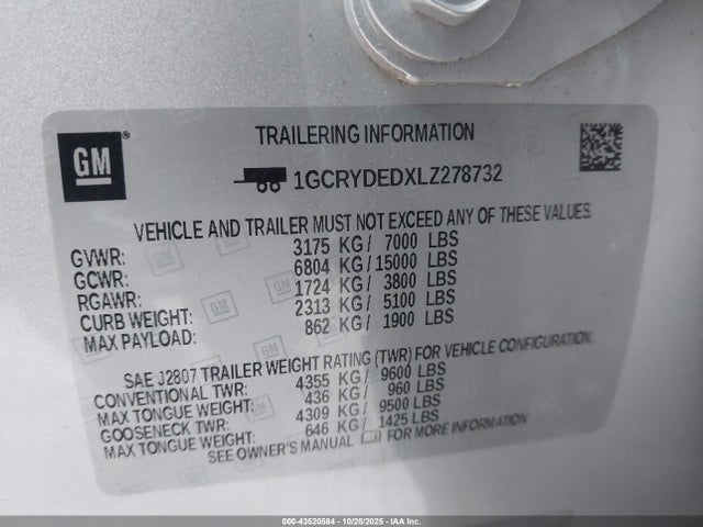 43520584 :رقم المزاد ، 1GCRYDEDXLZ278732 vin ، 2020 Chevrolet Silverado 1500 4wd  Standard Bed Lt مزاد بيع