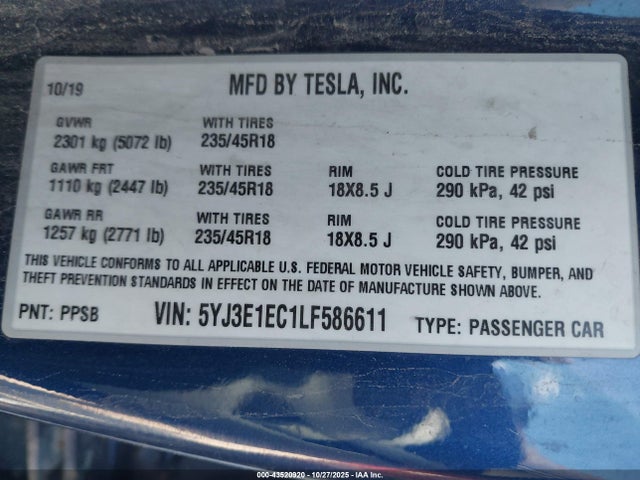 Продаж на аукціоні авто 2020 Tesla Model 3 Performance, vin: 5YJ3E1EC1LF586611, номер лоту: 43520920