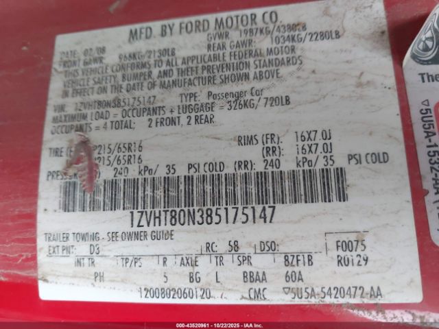 2008 FORD MUSTANG 1ZVHT80N385175147 Photo 8